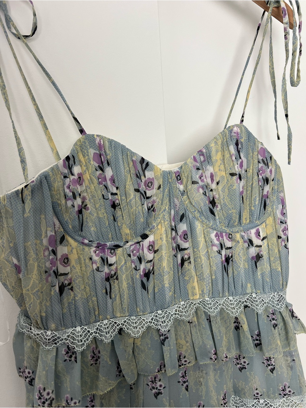 Self Portrait Tiered Midi Dress Floral Lace Printed Chiffon Mint Pastel 8 $495 - Picture 6 of 13
